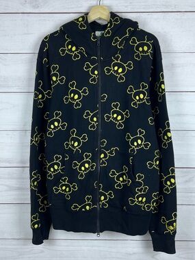 Very Rare Kid Robot Full Zip Black hoodie with skulls & bones Size XL Mens Y2K